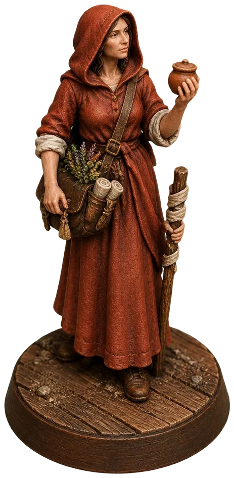 Figur Sister Tawny, penyembuh berjubah cokelat kemerahan dengan tas ramuan dan pot salep