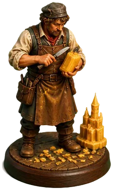 Figur Dripcarver memegang pisau ukir dan blok lilin