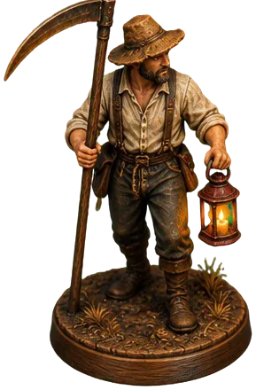 Figur Furrowman dengan sabit dan lentera