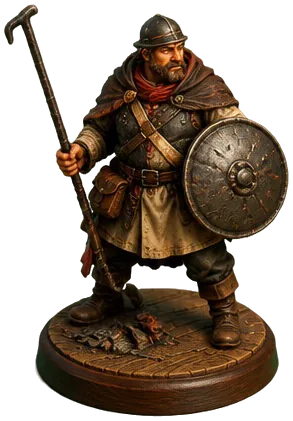Figur Hearthguard dengan pengorek api dan tutup panci
