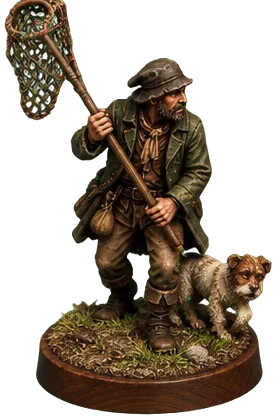 Figur Ratcatcher dengan galah jaring dan anjing terrier