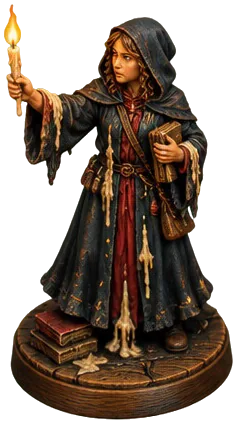 Figur Taper Mage mengangkat lilin tipis yang menyala